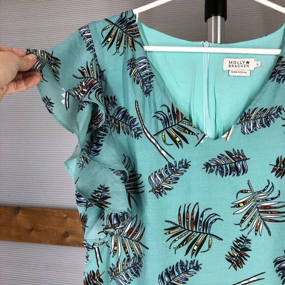 MOLLY BRACKEN Green Leaf Motif Lined‎ Ruffle V Neck Dress Sz L - Picture 3 of 6